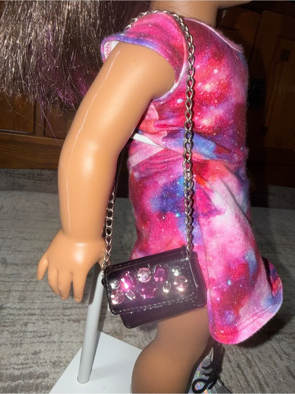 American Girl black purse silver chain with pink purple gems